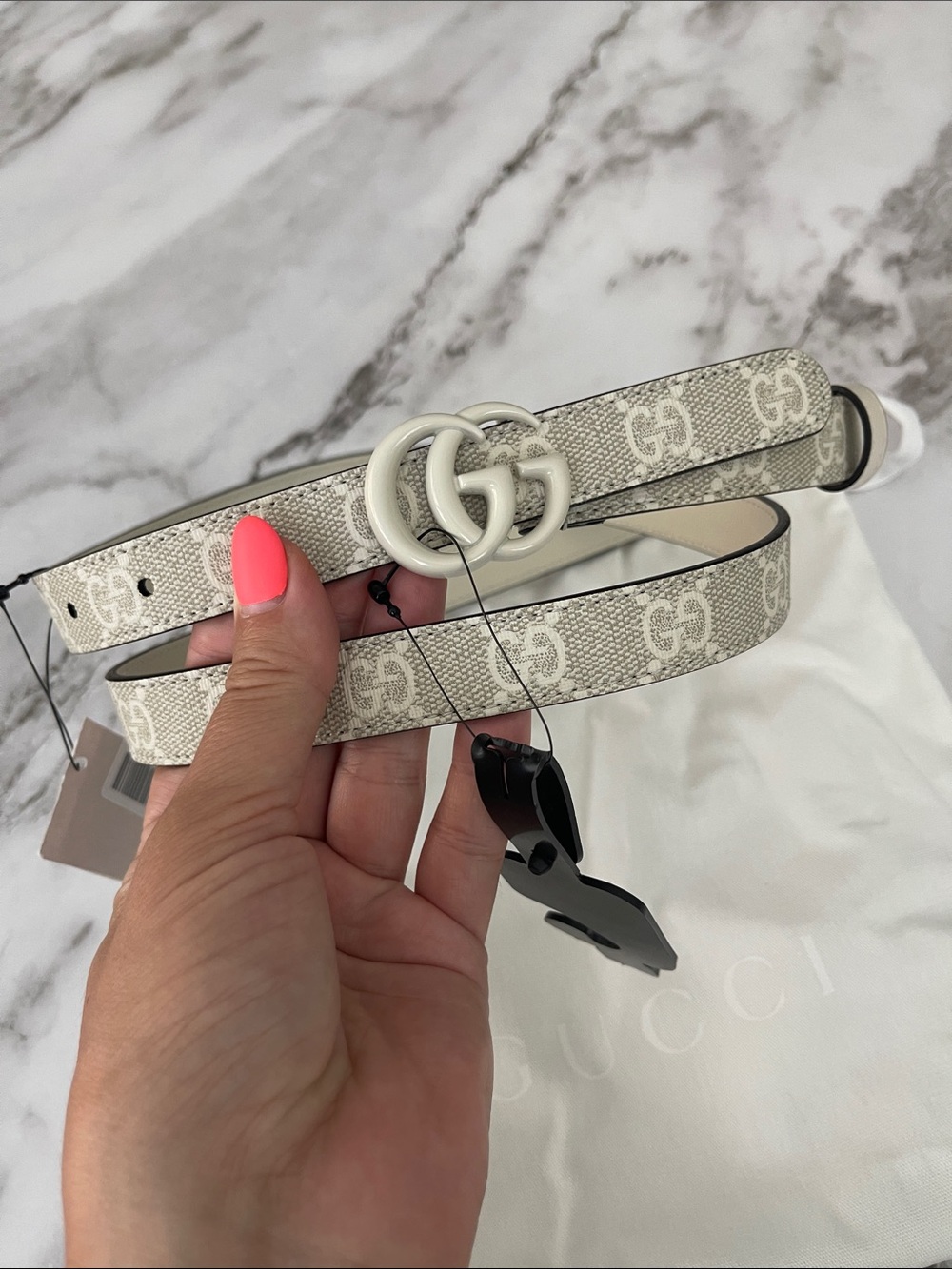 Gucci Beige GG Logo Leather Belt with Silver Double G Buckle